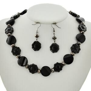 Hematite Tone Black Glass & Ceramic Necklace & Earring Set